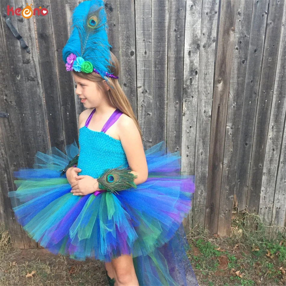 Peacock Girls Dress With Headband Long Trail Dresses Fluffy Robe Fille For Kids Photo Performance Costume Pageant Gowns Clothes | Детская