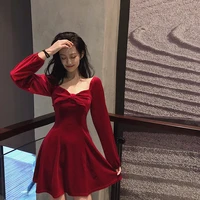sweet style velvet dress woman ladies moda feminina vestidos de fiesta red mini dresses korean ulzzang designer fashion brand