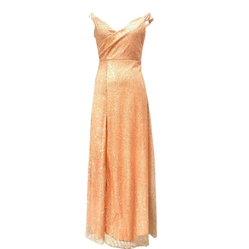 

Ladies Clothing Elegant Sexy One-Shoulder V-Neck Bronzing Sequin Dress Club Party Dress Split Long Skirt