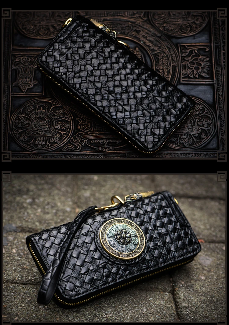 Unisex handmade wallet Crocodile leather woven long zipper bag Vintage Chinese style leather vertical wallet