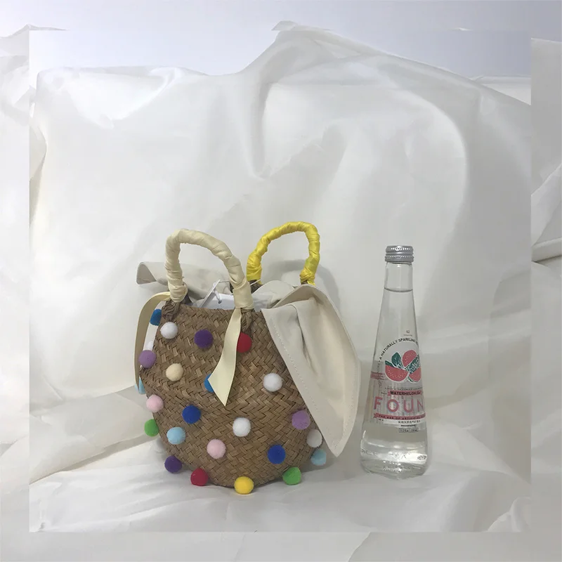 

Handmade Diamond Straw Bag Holiday with Ribbon Decorative Handle Ladies Woven Bucket Multi Color Handbags and Purses for Women