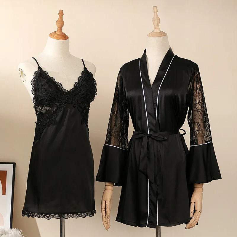 

Women Sexy Kimono Bathrobe Gown Satin Sleepwear 2021 New Faux Silk 2PCS Robe Set Nightgown With Pads Lace Patchwork Nightdress