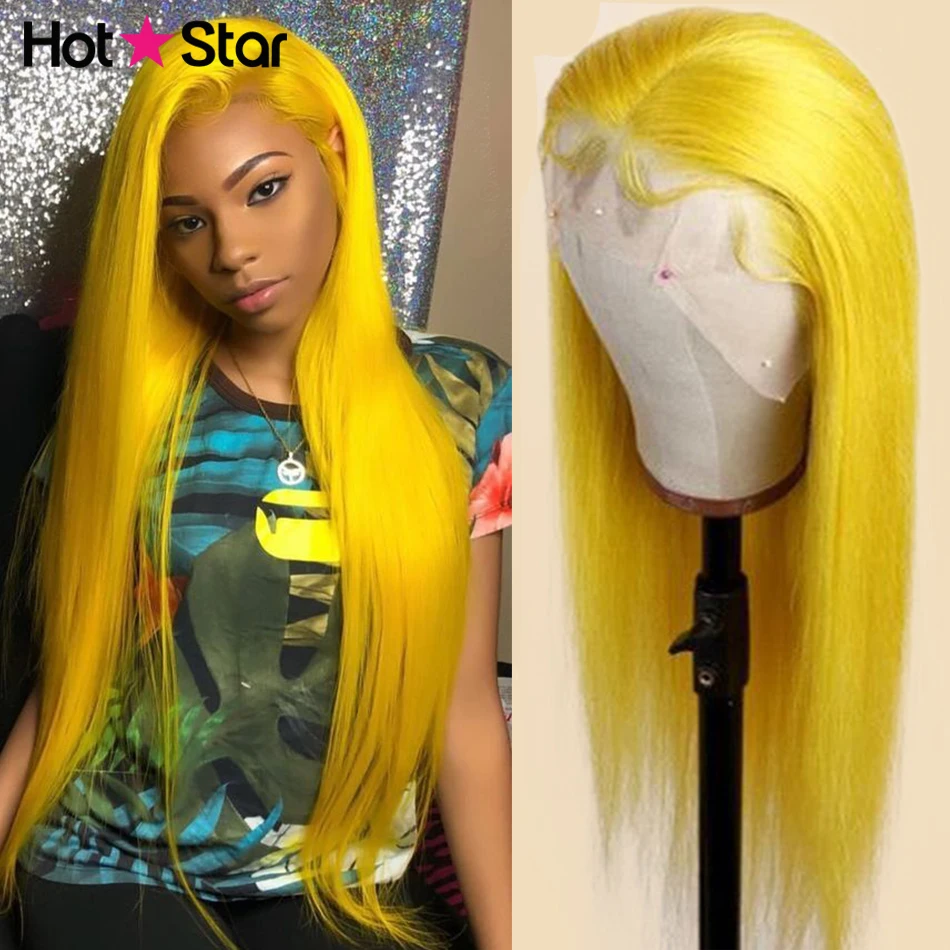 Парики из человеческих волос желтого цвета прозрачные на сетке передние прямые