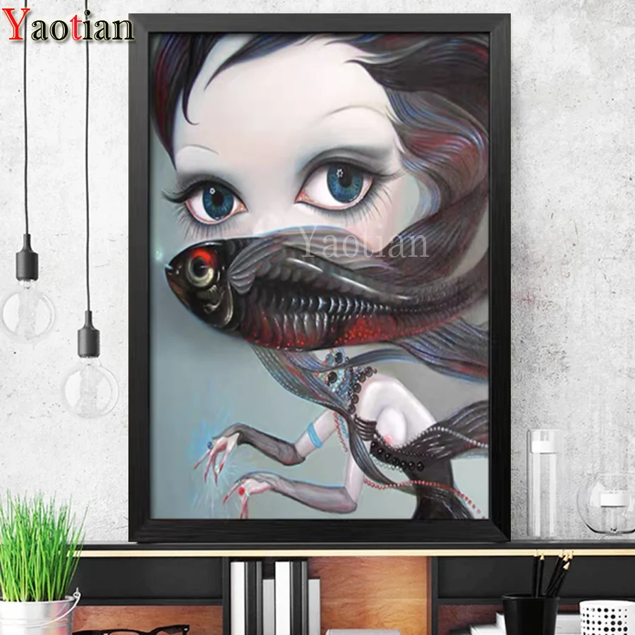 Полноразмерная Алмазная вышивка с круглыми стразами, Мультяшные большие глаза для девушки и золотой рыбки, алмазная живопись, полноразмерн...