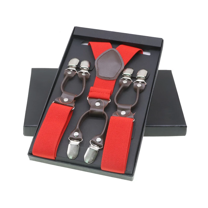 Red With Box Мужские модные подтяжки коричневые из натуральной кожи 6 зажимы подтяжек винтажные повседневные брюки в западном стиле регулируемые подтяжки - Цвет: Red With Box