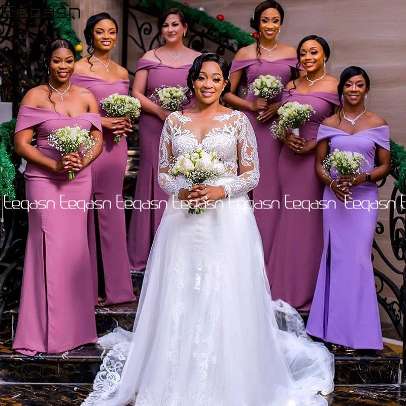 

Eeqasn 2020 Elegant Mermaid Bridesmaid Dress Cheap V Neck Lavender African Wedding Guest Gown Long Prom Evening Maid of Honor