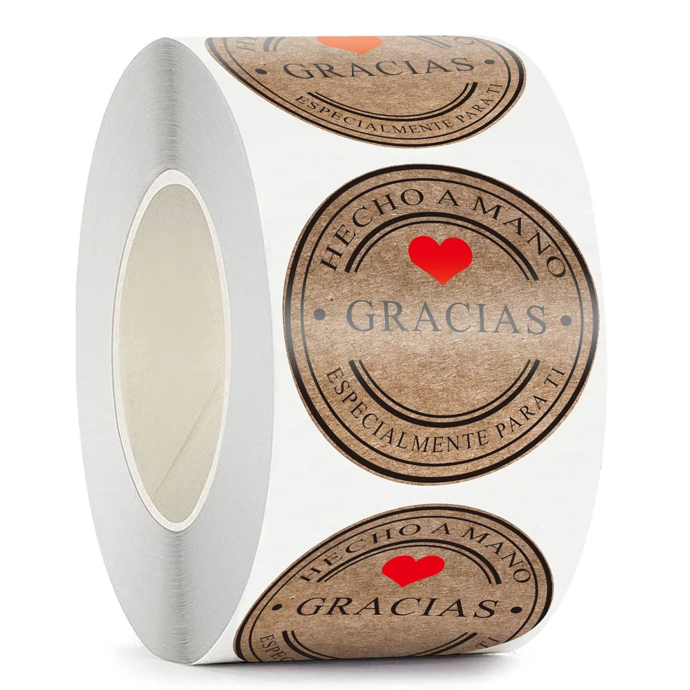 

500pcs/Roll 3.8cm/1.5inch Gracias Kraft Paper Stickers For Gift Packaging Handmade With Love Labels For Biscuit Cookie Envelope