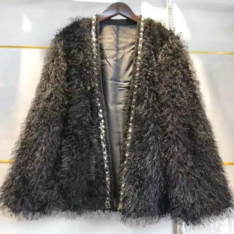 Heavy Industry Beading Faux Fur Coat 2021New Autumn And Winter Cardigan Lamb Wool Coat Temperament Solid Color Fur Jacket Ladies