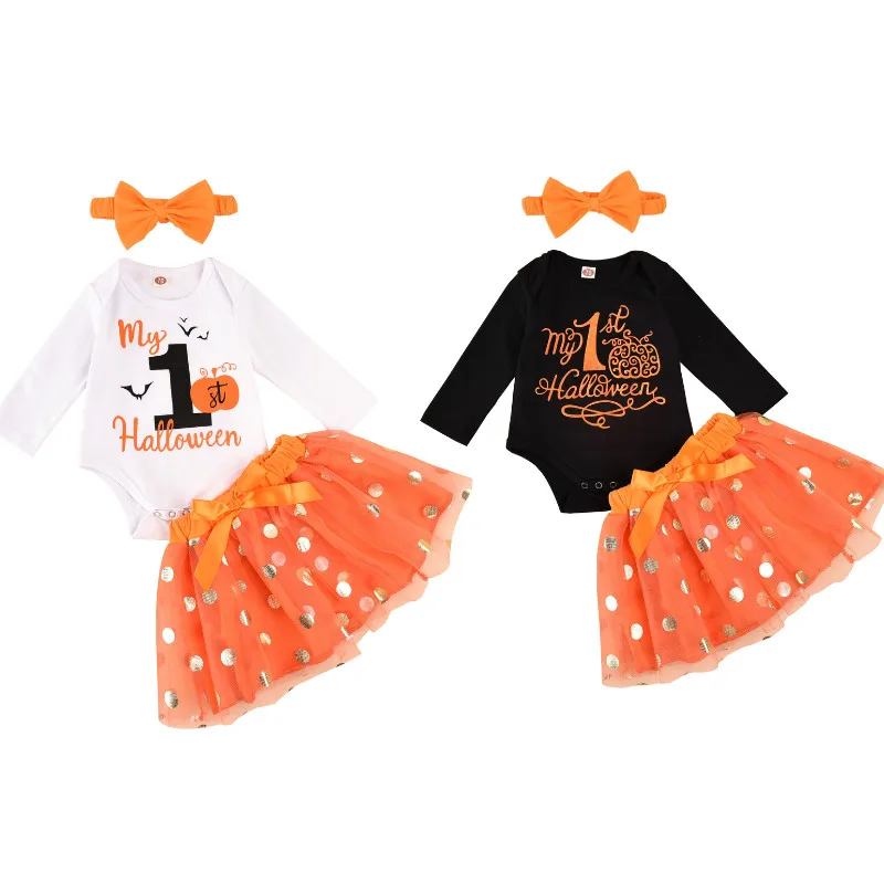 

Новый костюм на 1-й Хэллоуин, комплект из 3 предметов для маленьких девочек, Топ с длинным рукавом и буквенным принтом, боди, сетчатая юбка-пач...