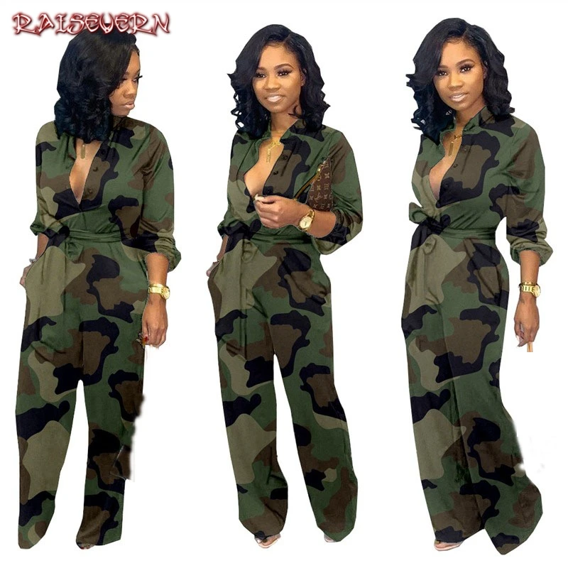 Женский слитный комбинезон с поясом камуфляжный длинным рукавом и глубоким V