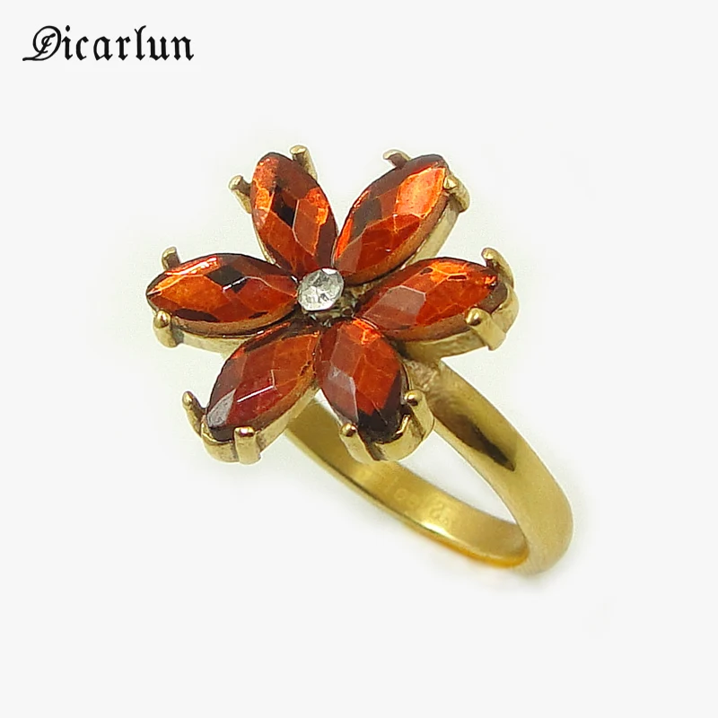 DICARLUN stainless steel flower rings for women black red crystal ring gold jewelry brown zircon rhinestone female girl gifts | Украшения и