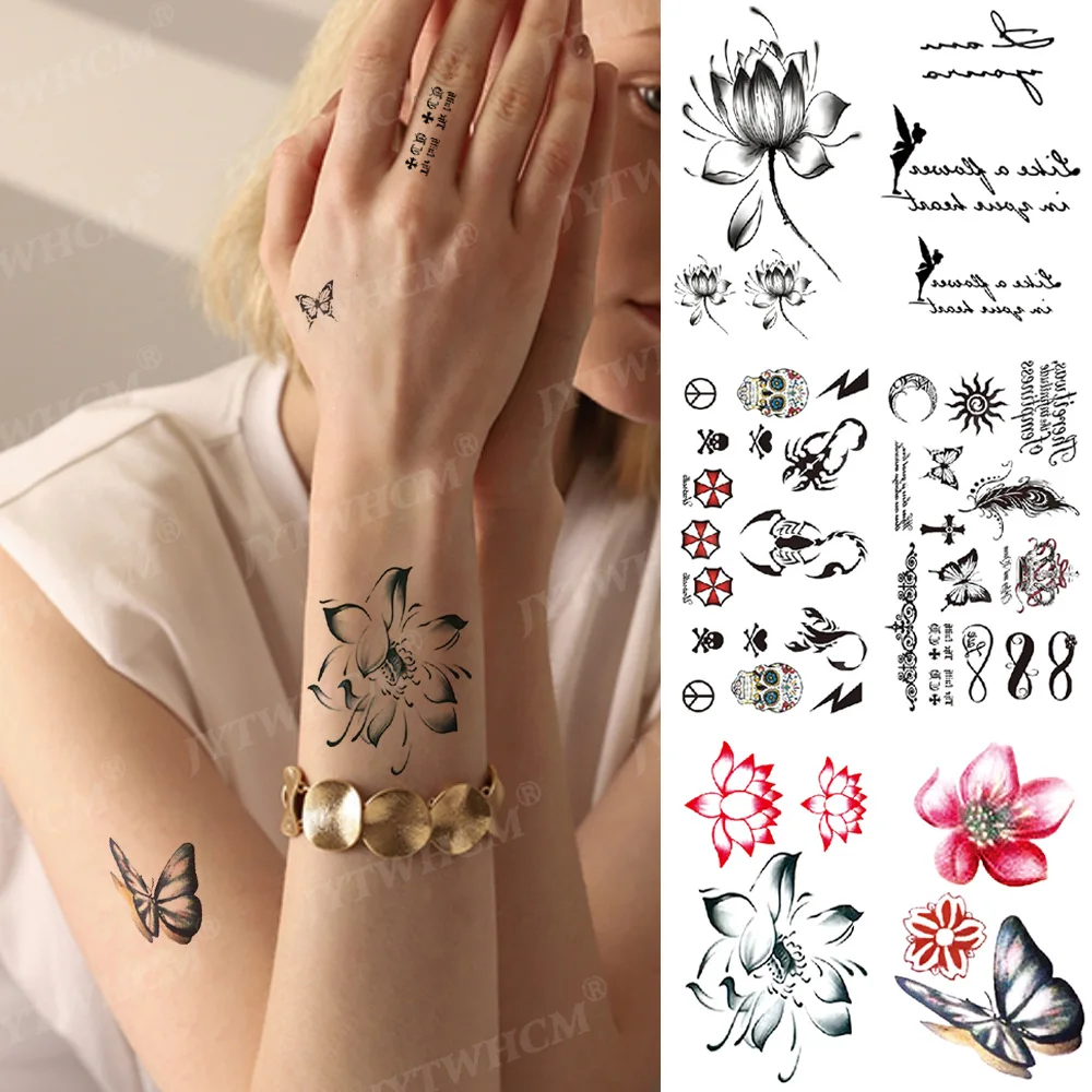 

Transfer Temporary Tattoo Stickers Black Flower Fake Tattoo For Woman Waterproof Chinese Characters Tattos Phrases Art Stickers
