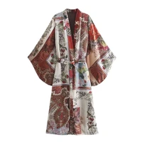 reul za women 2021 fashion with belt kimono patchwork print loose coat vintage oversized sleeve female outerwear chic overcoat
