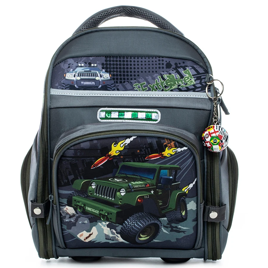 Ортопедический школьный ранец для мальчиков детский рюкзак с зелеными машинами