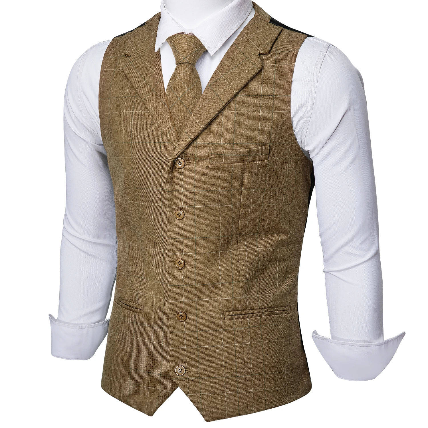 

Barry.Wang Mens Olive Yellow Plaid Waistcoat Blend Tailored Collar V-neck 3 Pocket Check Vest Tie Set Formal Leisure MD-2204