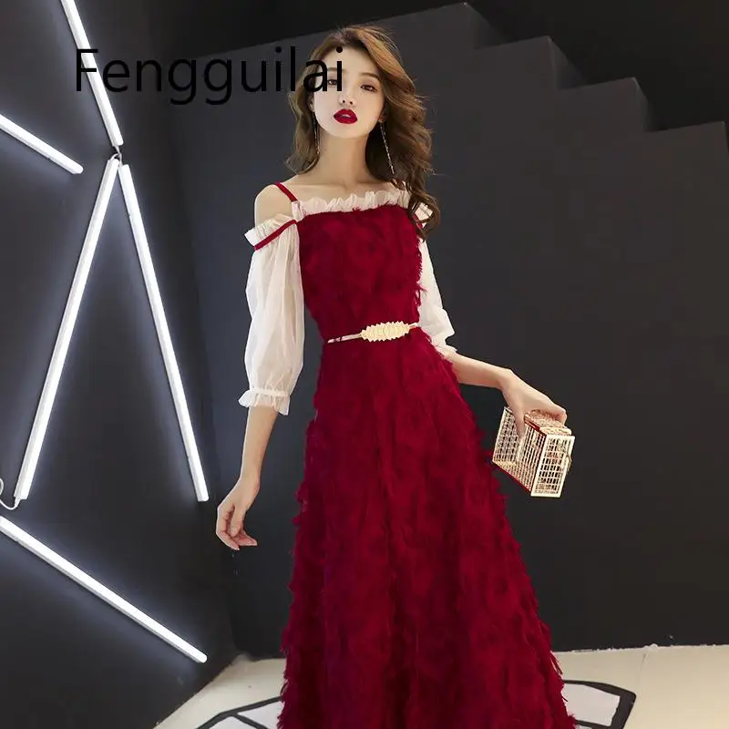 

FENGGUILAI 2020 New Elegant Mesh Lace Embroider Women Long Dress Party Sexy Dresses Sexy High Waist Hollow Out Red Feather Dress