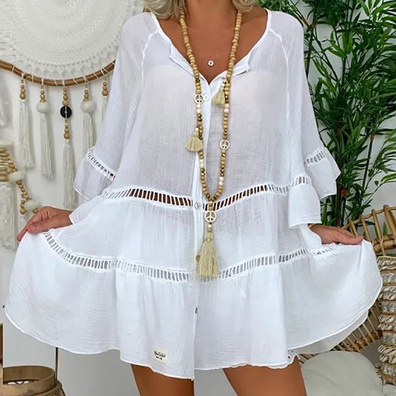 

PlusSister Hollow Out Casual Cotton Plus Size Women's Sundress Loose Vintage V Neck Butterfly Sleeve Shirt Robe Dress 2021