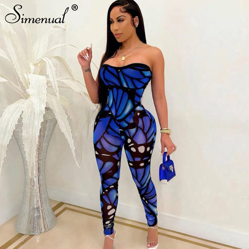 

Simenual Mesh Wrap Chest See See Through Women's Jumpsuits Sexy Skinny Midnight Club Outfits Strapless Printed 2021 Hot Overalls