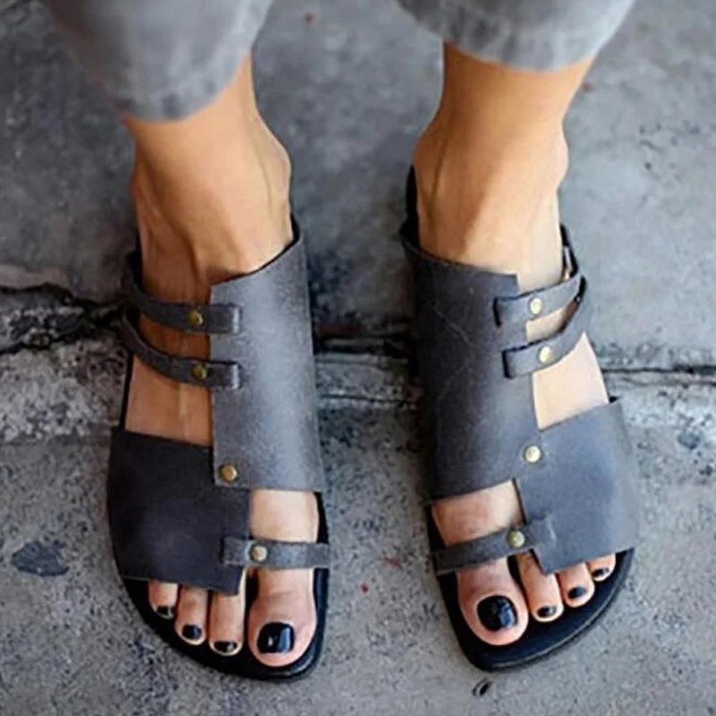 

2021 Fashion Flat-heeled Women's Sandals PU Leather Summer Women's Casual Sandals Open-toed Shoes Roman Beach Shoes Large Size