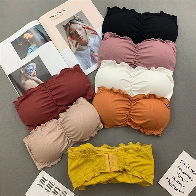 

New Thread Cotton Colorful Beauty Back Underwear Female Strapless Bra Undershirt Wrap-around Buckle No Rims Bra