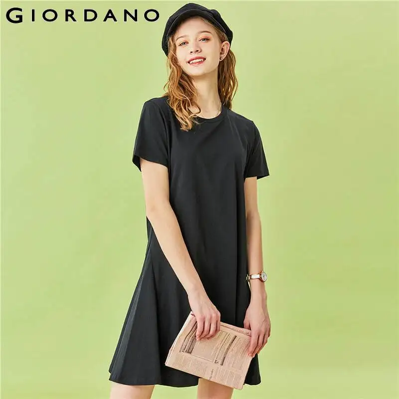 Giordano женское платье с подкладкой коротким рукавом из хлопка круглым вырезом до