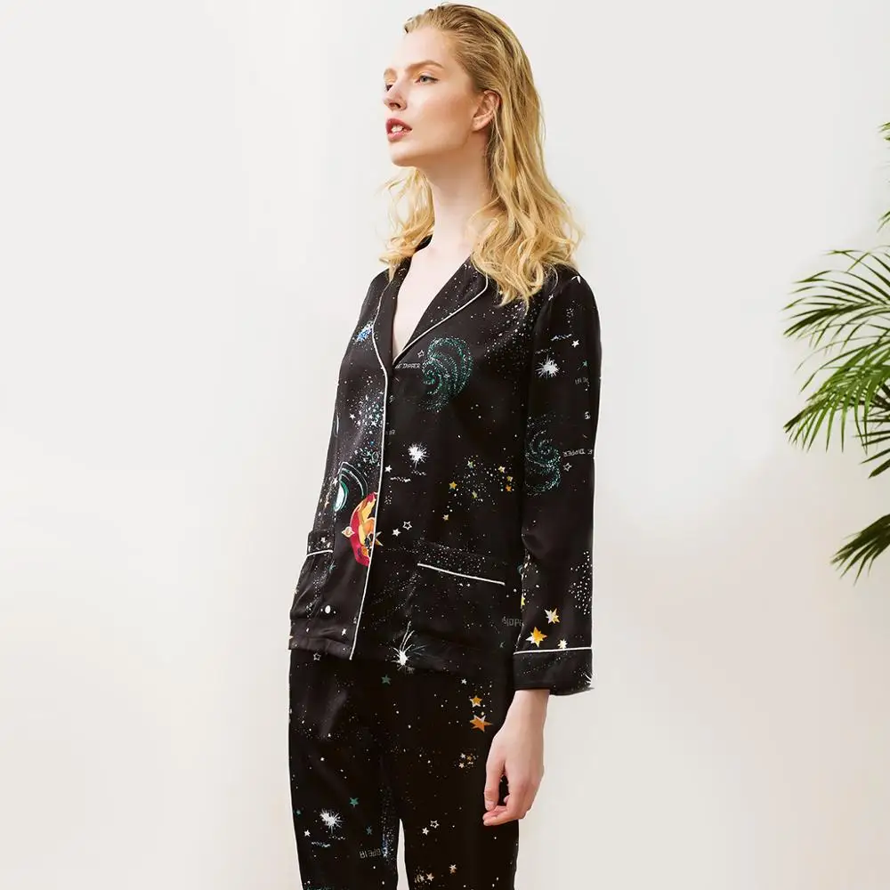 100% silk satin lady sleepwear,girl sleep shirts and pants in romantic starry sky printed fabric, luxury pajamas set for women