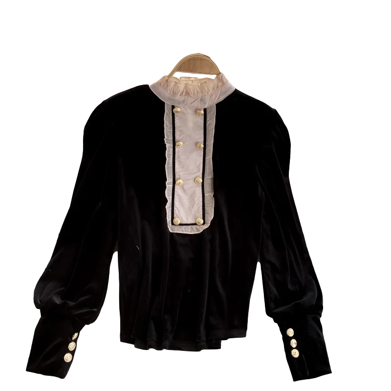 

2021 Autumn Winter New Coat Women's Sweet Wood Ear Stand Collar Stitching Retro Velvet Bottoming Shirt