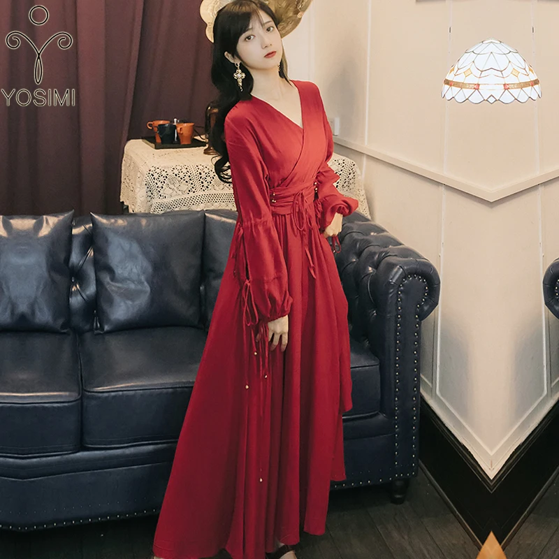 YOSIMI Maxi Chiffon Red Long Women Dress Bohemian V-neck Lantern Sleeve Full Sleeve Ankle-lenght Female Dress with Sashes