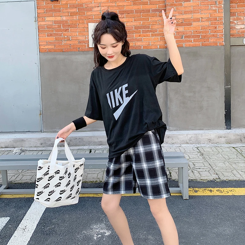 

Gothic Women Pants Cotton Summer 2021 Vintage Plaid Loose Korean Casual Fifth of Pants Female Fashion Streetwear Girls Jogger