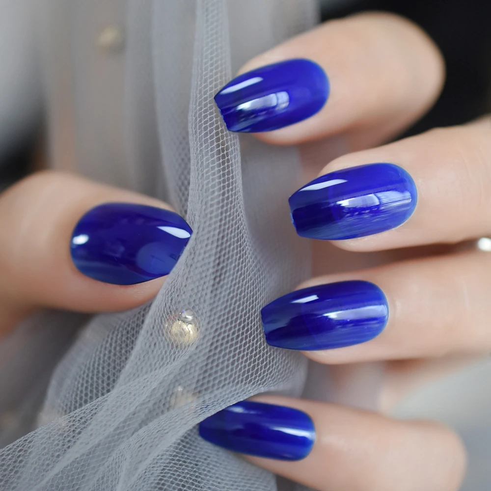 Глянцевый синий пресс на поддельные ногти гроб 24 шт УФ гель балерины накладные