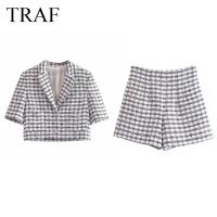traf womens clothing suits with shorts fashion vintage texture casual blazer plaid jacket high waist shorts sets office lady