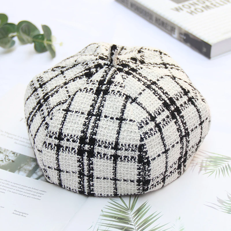 Новинка Осень-зима Casquette черно-белые клетчатые береты Дамская британская