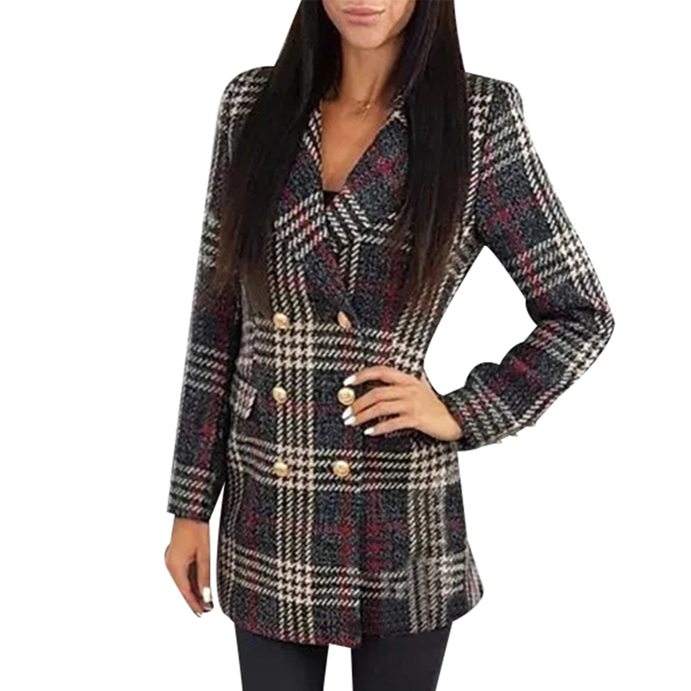 Клетчатое длинное пальто модное женское двубортное зимнее элегантное тонкое