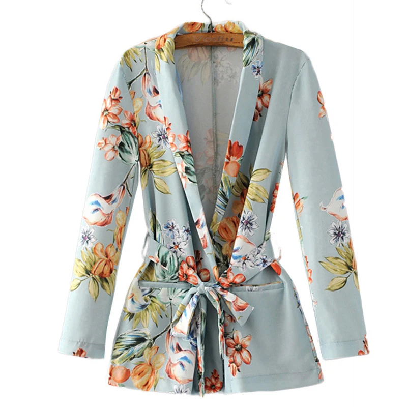

Women Clothes Floral Printing Vintage England Blazers Ladies Outwear Loose Female Jacket Casual Sashes Pocket Coat