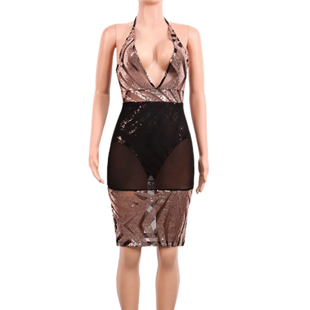 Женское сексуальное платье облегающее вечернее без рукавов с блестками на
