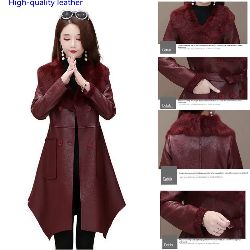 

Женская кожаная куртка, новинка 21 года, осенне-зимнее пальто из натуральной кожи с меховым воротником, модная женская цельный меховой пиджа...