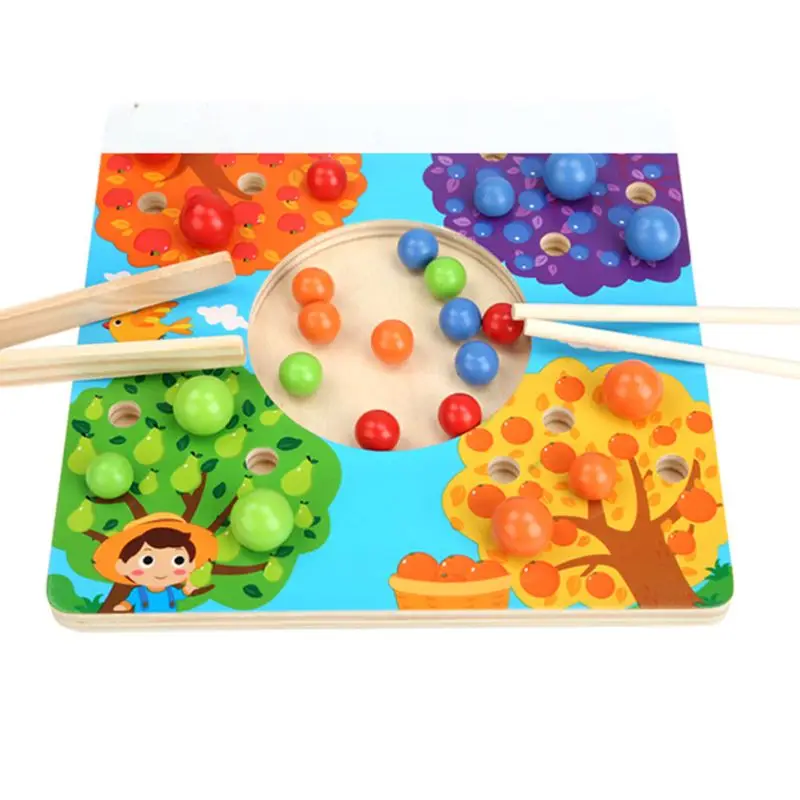 

Montessori Baby Chopsticks Clip Toys Wooden Colorful Beads Tree Board Practical Life Skills Training Daily Basic Skill E