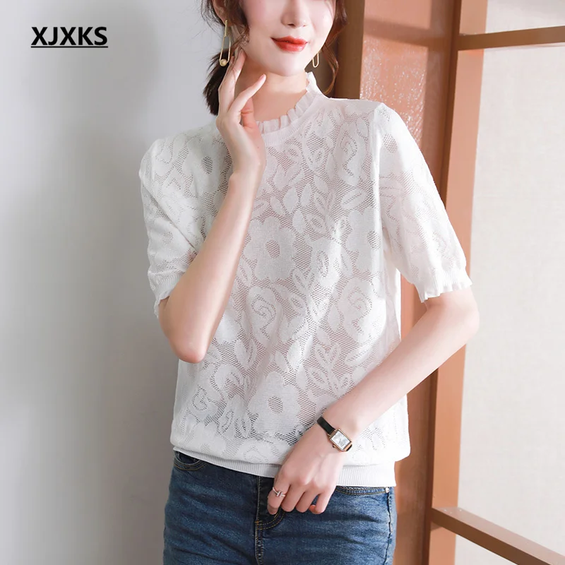 

XJXKS, Высококачественный кружевной Вязаный топ из тюля, женская футболка, Новинка лета 2021, женская футболка с коротким рукавом