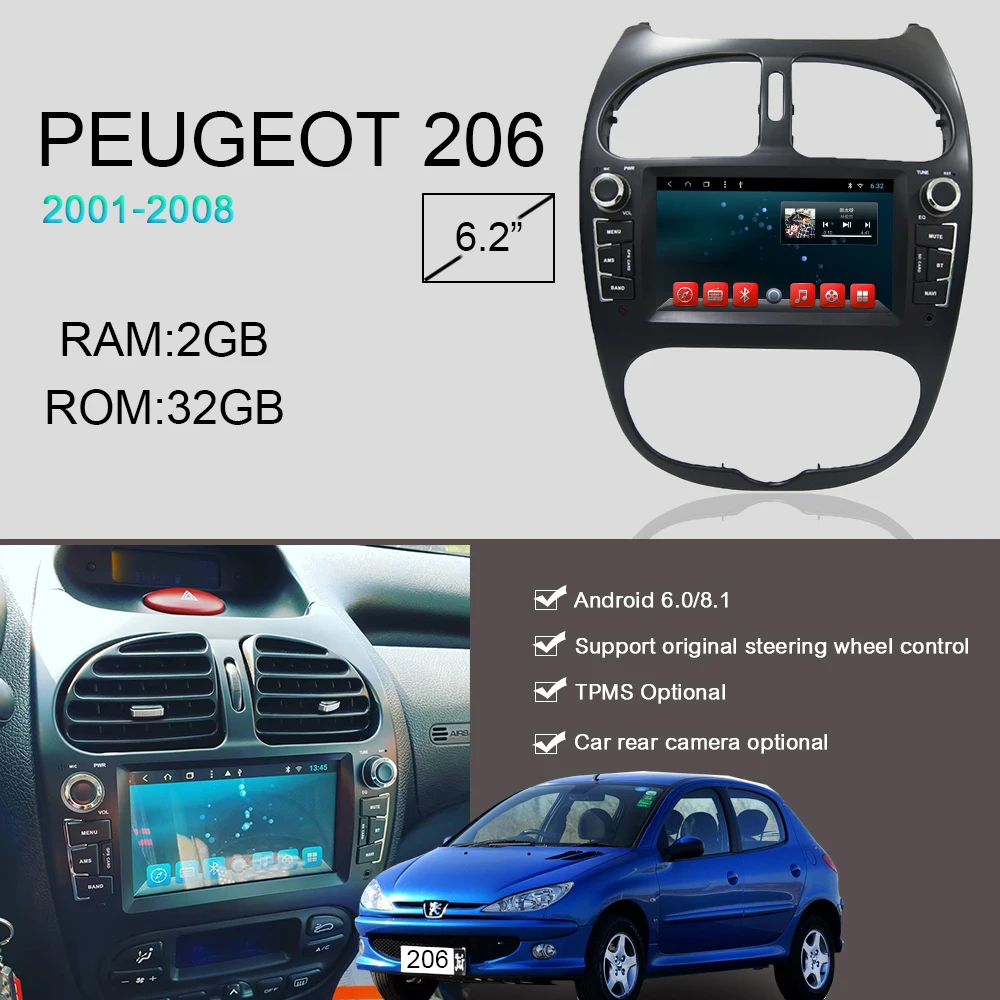 YAZH Android 9,0 Восьмиядерный gps Навигация dvd cd плеер для peugeot 206 FM радио 2002 2003 2004 2005 2006 2007 2008 стерео