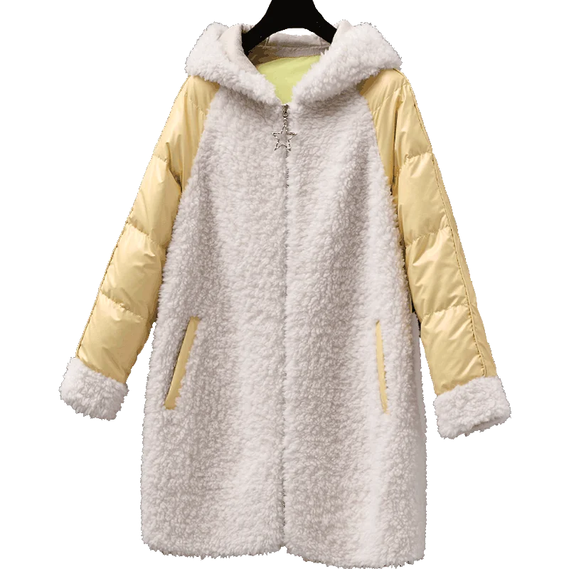 Real Fur Coat Female Winter Sheep White Duck Down Jacket Women Korean Long Shearing Coats Vintage Wool Tops 6830 | Женская одежда