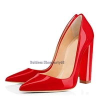 red black patent leather chunky heeled pumps womens high heel pointed toe dress shoes lady slip on shoes