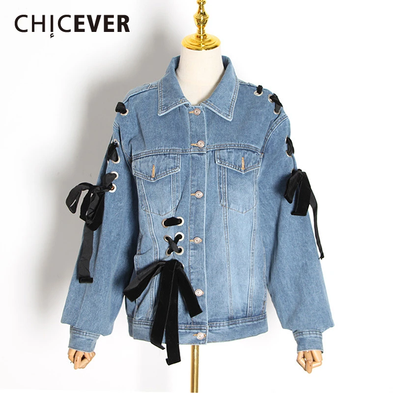 Женская джинсовая куртка CHICEVER Весенняя Свободная с длинным рукавом и бантом