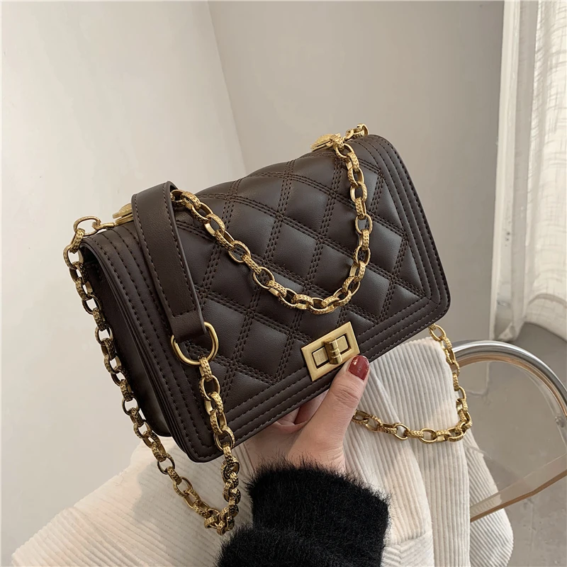 

Bolso de hombro de piel sintética con asa de cadena acolchada para mujer, bandolera pequeña con diseño de solapa, suave, 2021