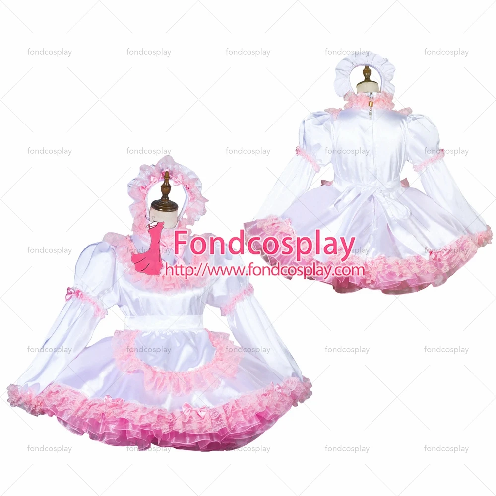 

fondcosplay adult sexy cross dressing sissy maid short white satin dress lockable Uniform apron costume Tailor-made[G3807]