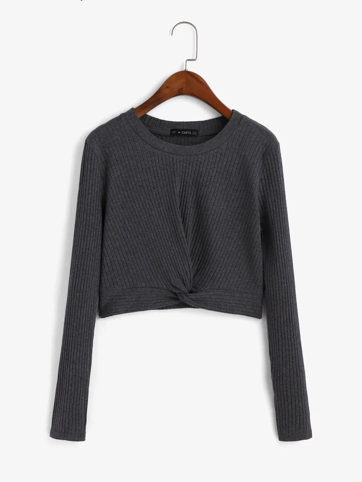ZAFUL Women Dark Grey Twist Front Ribbed Knit Crop Casual Top Autumn Long Sleeve Form Fitted Basic Teenagers Sweater Tee | Женская