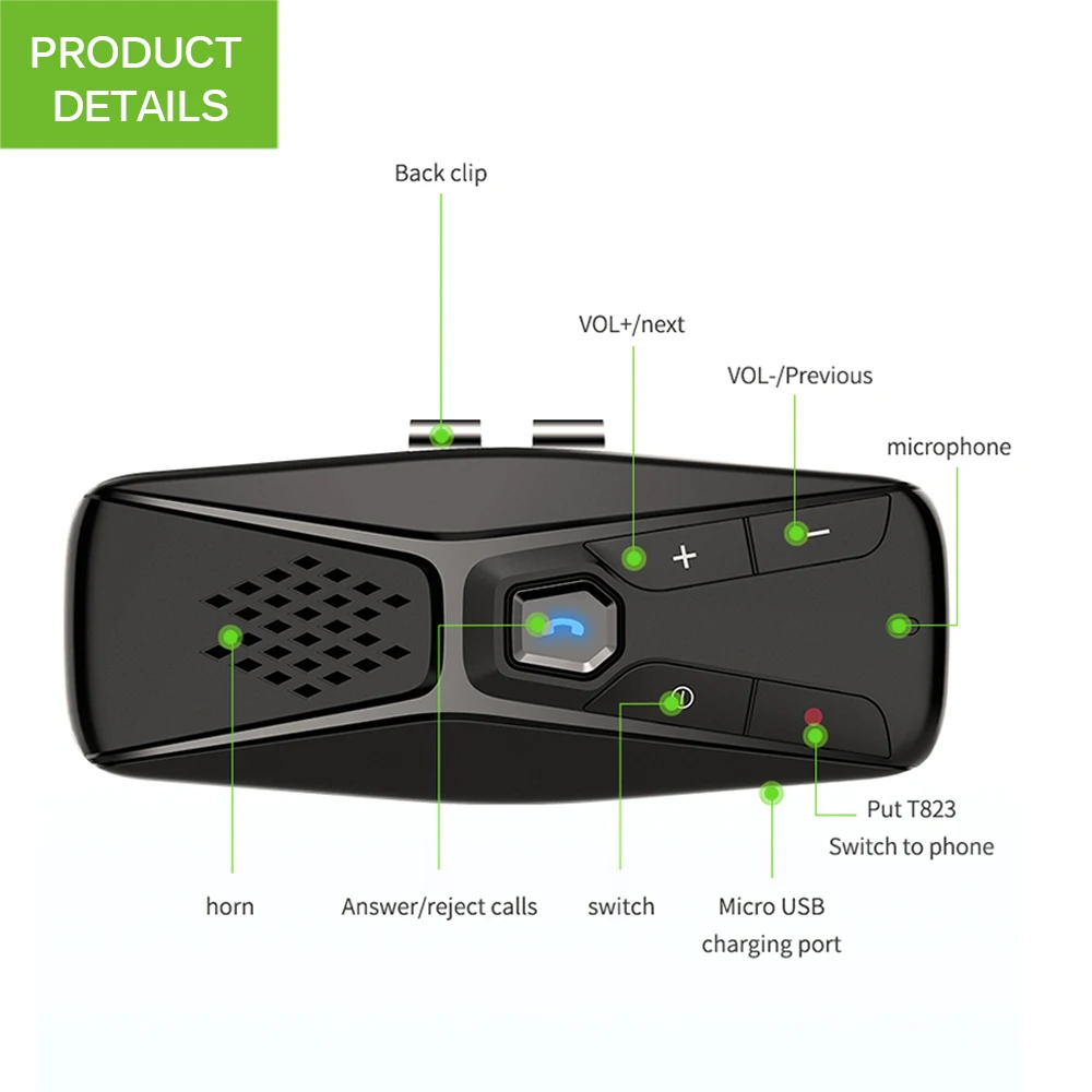 

Wireless Bluetooth Handsfree Speakerphone With Microphone Bluetooth 5.0 Automatic Shut Down Auto Connect Car Kit