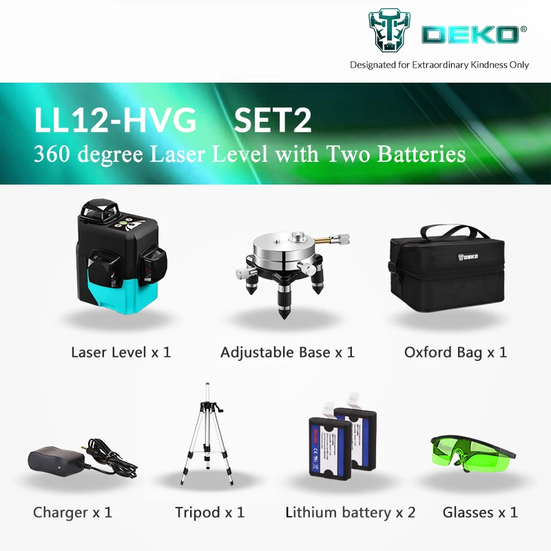

DEKO LL12-HVG SET2 3D 12 Lines Laser Level Self-Leveling 360 degree Horizontal&Vertical Cross Powerful Outdoor can use Detector