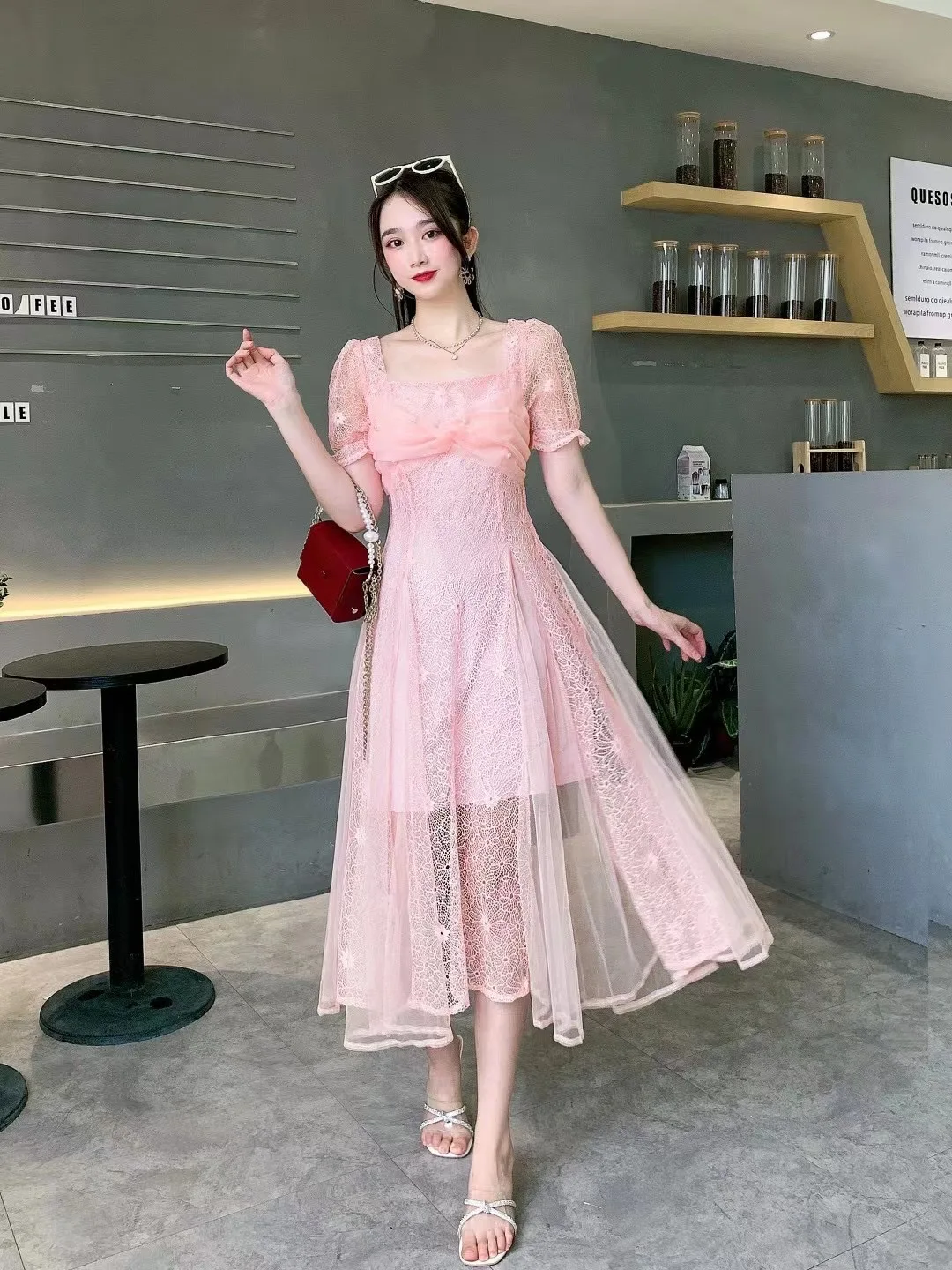 

2021 New Summer Women Square Collar Short Sleeve Slim Long Dress High Quality Beading Mesh Lace Patchwork Elegant Dress