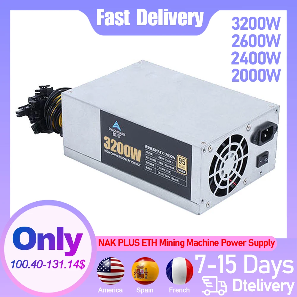 3200/2600/2400/2000 Вт ETH врубовая машина Питание 10 × 6pin 95% эффективность Поддержка Multi GPU