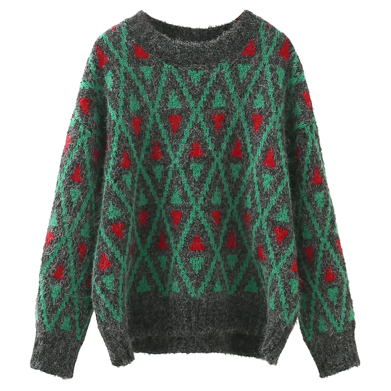 

Vintage Argyle Knitted Women Sweater Pullovers O-Neck Long-Sleeved Casual All Match Female Pulls Tops